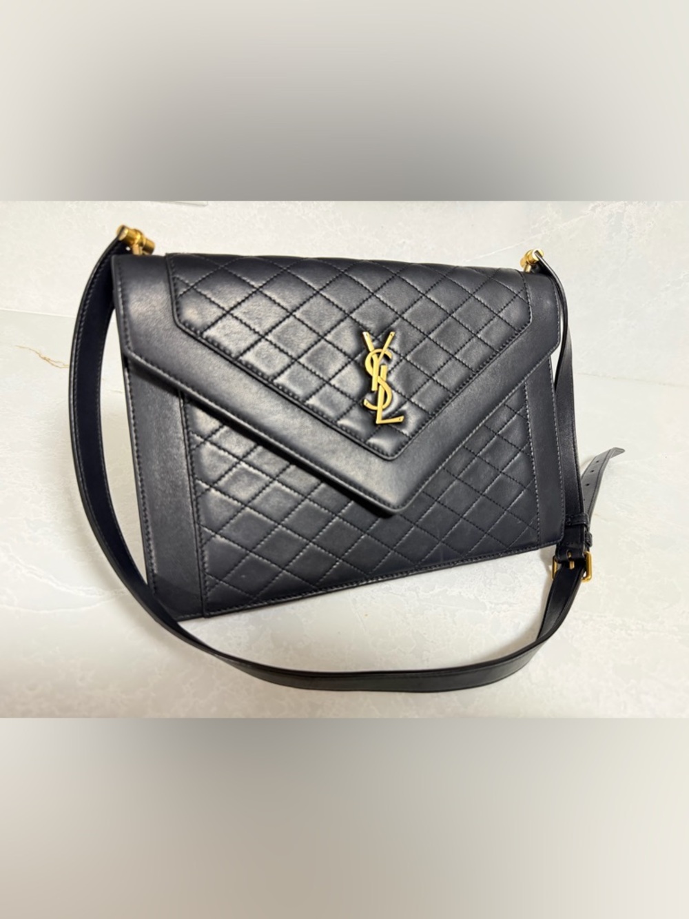Saint Laurent Black Quilted Leather Envelope Shoulder Bag with Gold YSL Logo